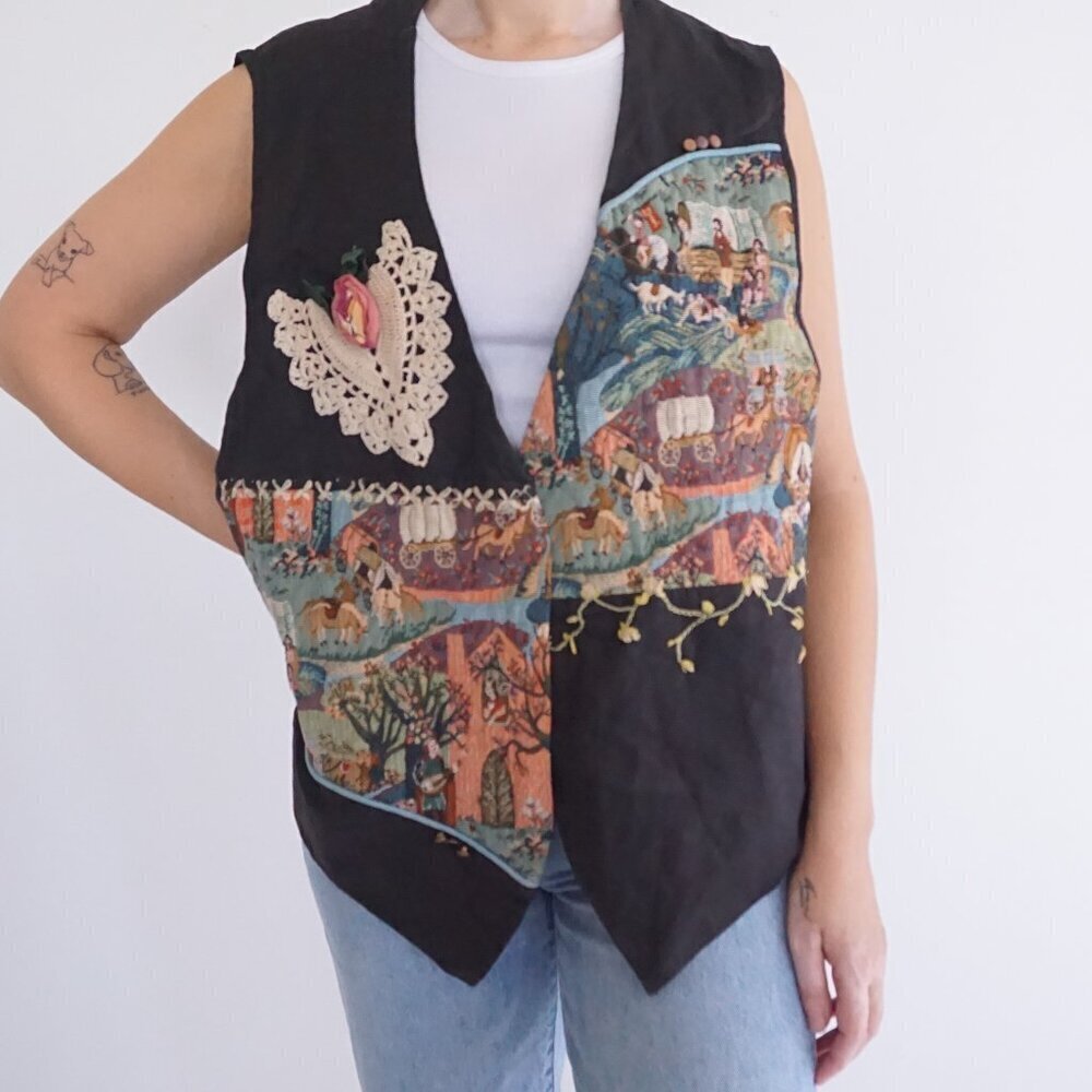 Vintage Handmade Black Tapestry Farmer Horse Lace Vest XL
